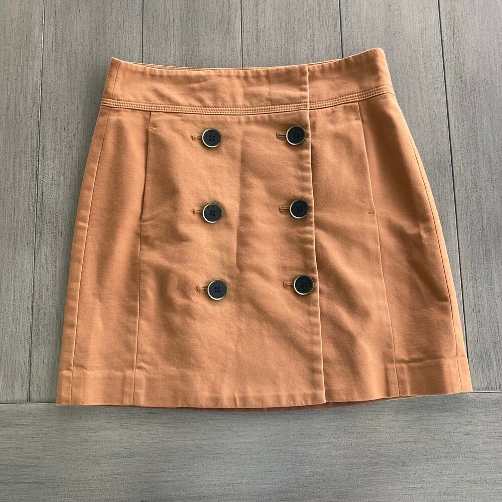 LOFT Brown Double‑Breasted Skirt • Size 2 • Cotton Blend • 97/3 Stretch